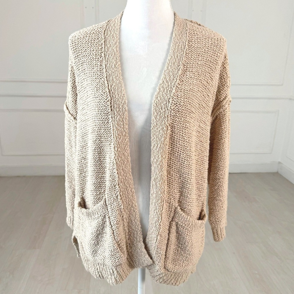 Aerie Cardigan Sweater Women Small Tan Chunky Knit Open Front Pocket Boho